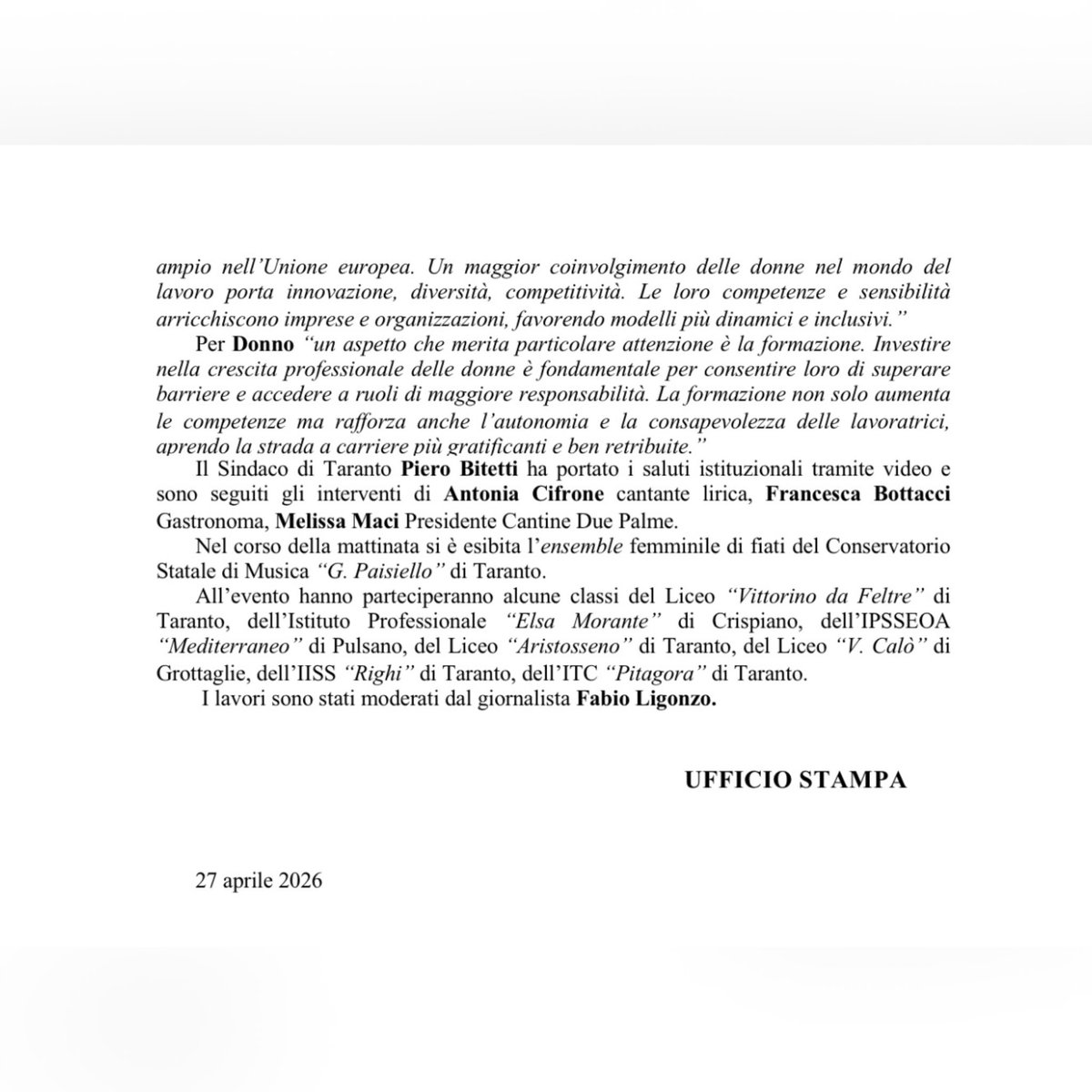CislTaBr's tweet image. Voci di donne: la sfida della partecipazione🟢

🗞️L'Edicola ~ edizione del 28.04.2026

🗞️ Quotidiano di Puglia ~ edizione del 28.04.2026

🖋️ CS Ufficio Stampa CISL Taranto Brindisi

#CISL #USTCISLTarantoBrindisi #USTCISL #CISLTarantoBrindisi #TarantoBrindisi #Taranto #Brindisi