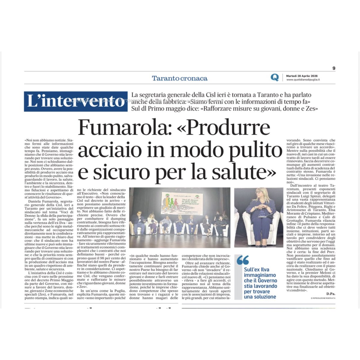 CislTaBr's tweet image. Voci di donne: la sfida della partecipazione🟢

🗞️L'Edicola ~ edizione del 28.04.2026

🗞️ Quotidiano di Puglia ~ edizione del 28.04.2026

🖋️ CS Ufficio Stampa CISL Taranto Brindisi

#CISL #USTCISLTarantoBrindisi #USTCISL #CISLTarantoBrindisi #TarantoBrindisi #Taranto #Brindisi