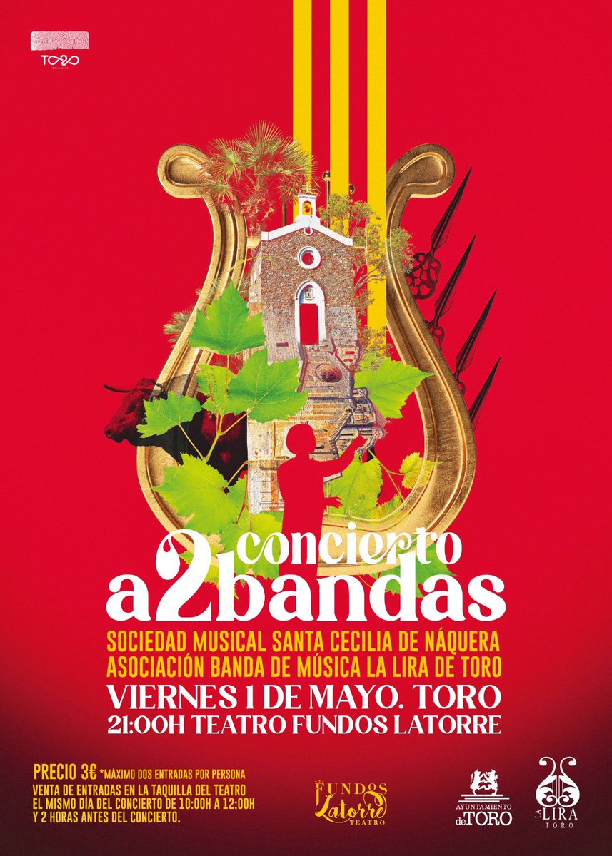 Toro_Ayto's tweet photo. 🎶 MÚSICA EN EL TEATRO FUNDOS LATORRE | 

Este viernes, 1 de mayo, vive el concierto a2bandas. Disfrutaremos del talento de nuestra Banda de Música La Lira de Toro junto a la S.M. Santa Cecilia de Náquera. 
 
📍 Lugar: Teatro Fundos Latorre
🕘 Hora: 21:00h https://t.co/GhCJ6zN2Ee