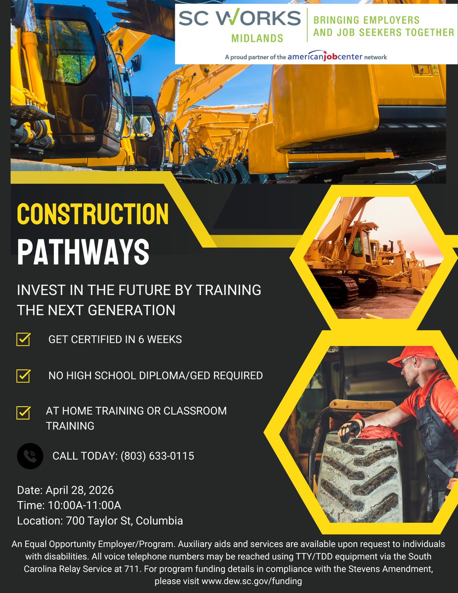 SCWorksMidlands's tweet image. 📷 Ready to build your future? Join our Construction Pathways Workshop on April 28th from 10–11 AM and explore career opportunities in the construction industry. Don’t miss out—your next step starts here! #ConstructionCareers #CareerPathways #WorkforceDevelopment