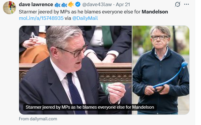 TimmyTour's tweet photo. What a shame for Our Dave that Keir Starmer wasn't as perceptive as Trump when it came to assessing Peter Mandelson.... 

Or is this, in fact, another example of the hated Drumpf being finished now....?

@GiveUsAQuid @mikesjw1 https://t.co/1Q8GRROy1o