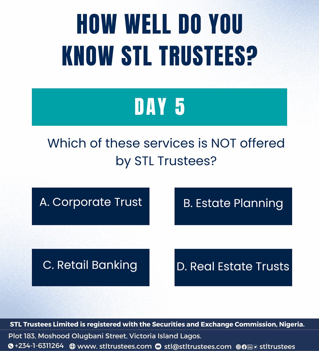 Think you know STL Trustees? 

It’s time to put your knowledge to the test!

Answer today’s trivia question correctly and stand a chance to win ₦50,000 daily. 

Winners will be picked randomly 

Drop your answer in the comments below ⬇️

#stltrustees #triviachallenge #knowstl