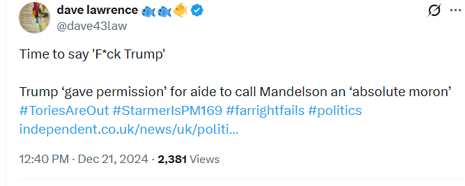 TimmyTour's tweet photo. What a shame for Our Dave that Keir Starmer wasn't as perceptive as Trump when it came to assessing Peter Mandelson.... 

Or is this, in fact, another example of the hated Drumpf being finished now....?

@GiveUsAQuid @mikesjw1 https://t.co/1Q8GRROy1o