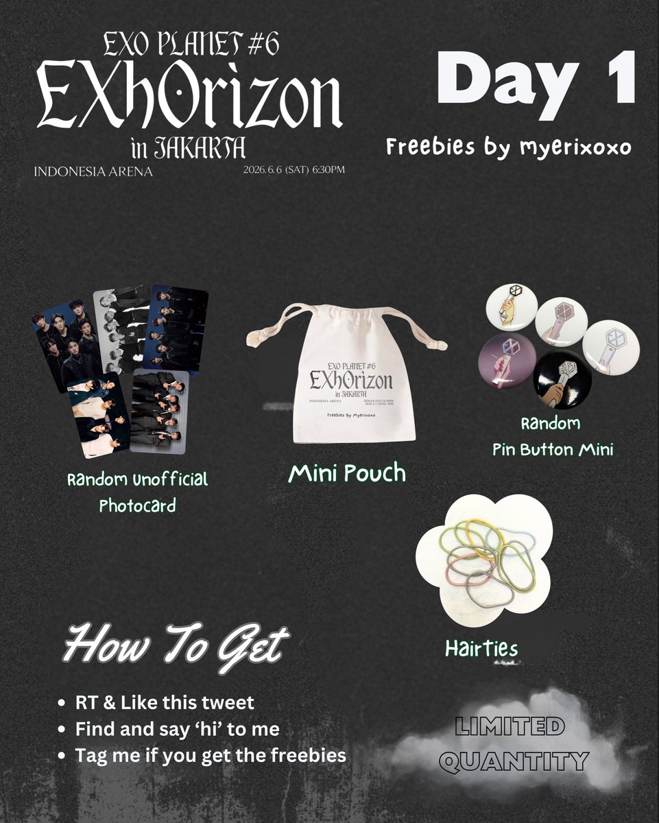 myerixoxo's tweet photo. ✨FREEBIES✨
EXO PLANET #6 – EXhOrizon in JAKARTA

✿ LIMITED QUANTITY

How to claim :
☆ like &amp; RT this post
☆ say "hi..!" to me 👋🏻
☆ kindly tag me if you get it

🗓️ 06 Juni 2026 (DAY 1)
📍Indonesia Arena

See u 🤍

 #EXOPLANET #EXhOrizon_JKT https://t.co/508ssiWpBf