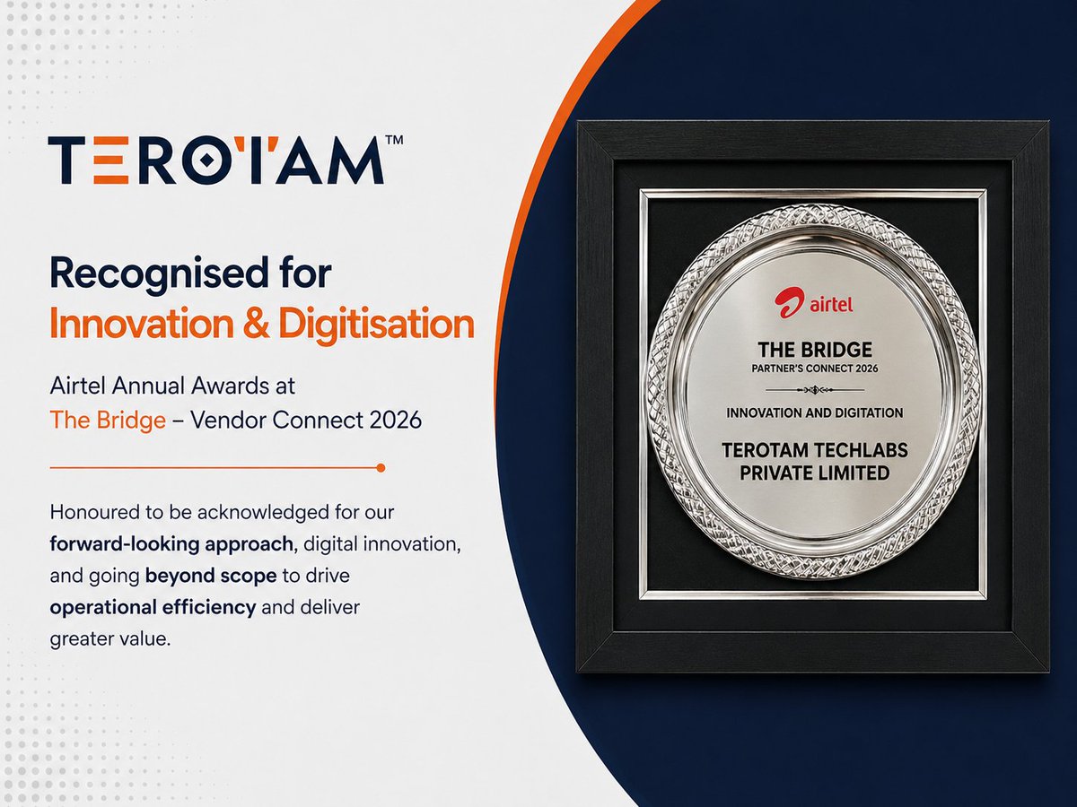 terotam_'s tweet image. Proud moment for Team TeroTAM

Honoured at Airtel Annual Awards (The Bridge) for driving innovation &amp;amp; digitisation across PAN India ops.

Built to adapt. Designed to scale. More ahead.

#Airtel #TeroTAM #CMMS #DigitalTransformation #Innovation