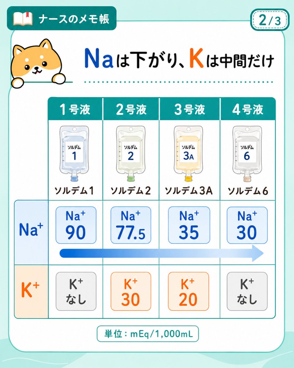 nurse84memo's tweet photo. 新人看護師向け6️⃣

輸液シリーズ
1号液〜4号液までの違い💉 https://t.co/8jlVg6WV4u