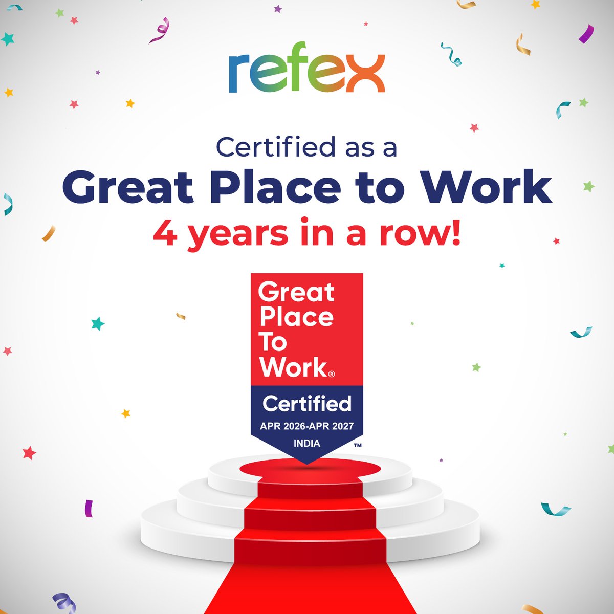 GroupRefex's tweet photo. Proud moment for all of us at Refex!

We are officially certified as a Great Place to Work for the 4th year in a row!

#greatplacetowork #gptwcertified #peoplefirst #workplaceculture #employeeexperience #4yearsinarow #refexgroup https://t.co/3eN1B5iglj