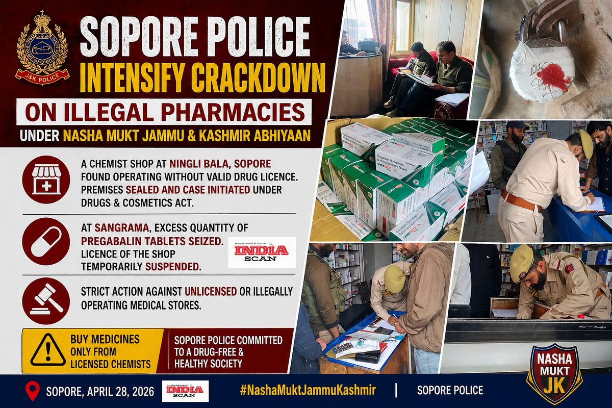 Indiascan1's tweet image. *Sopore Police Intensify Crackdown on Illegal Pharmacies under Nasha Mukt Jammu &amp;amp; Kashmir Abhiyaan; Two Shops Booked in Separate Actions*

#sopore