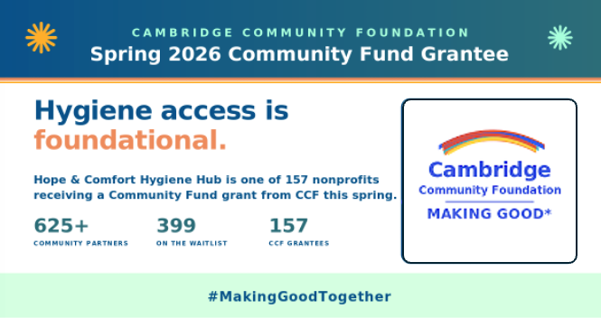 HopeandComfort1's tweet photo. We're excited to share that Hope &amp; Comfort is one of 157 nonprofits selected for a Spring 2026 Community Fund grant from Cambridge Community Foundation.  #MakingGoodTogether https://t.co/EkvH6XpGQF