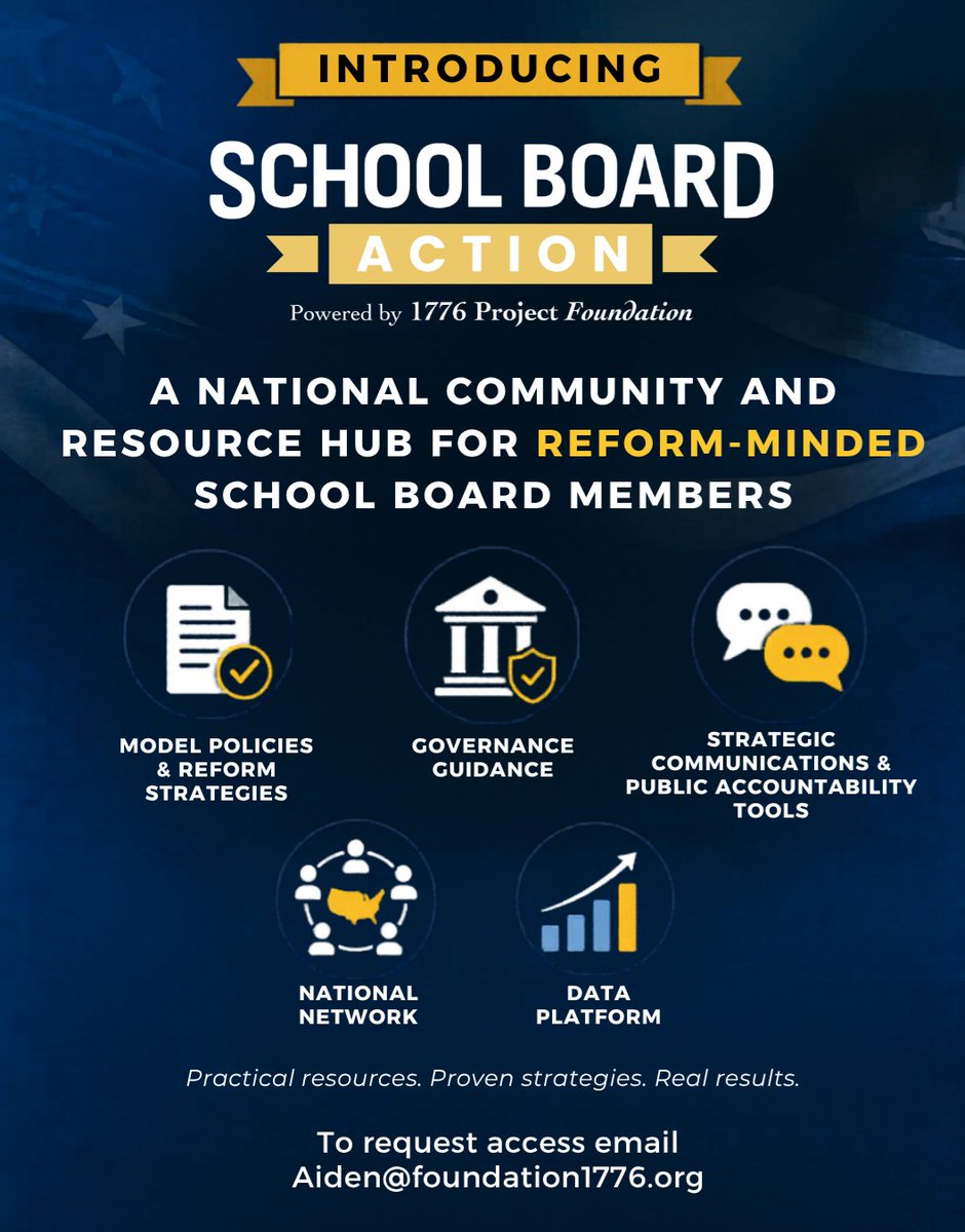 1776_Foundation's tweet photo. School Board Action is built for reform-minded school board members who are ready to govern and deliver results.

Get access to model policies, governance guidance, strategic communications tools and a national network.

👉 Email Aiden@foundation1776.org to join. https://t.co/nnuysARUpT