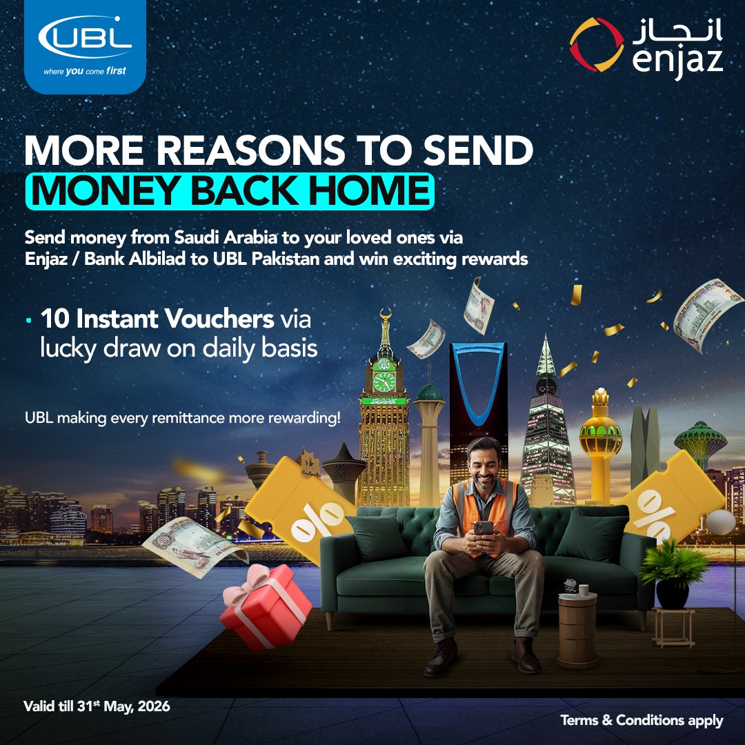 UBLDigital's tweet image. Send money to Pakistan through the Enjaz App or Bank AlBilad to UBL and enjoy the chance to win instant rewards.

Let your remittance become a source of happiness and blessings for your loved ones.

Complaints: sunwai.sbp.org.pk

#UBL #SaudiArabia #SendMoney #Remittance