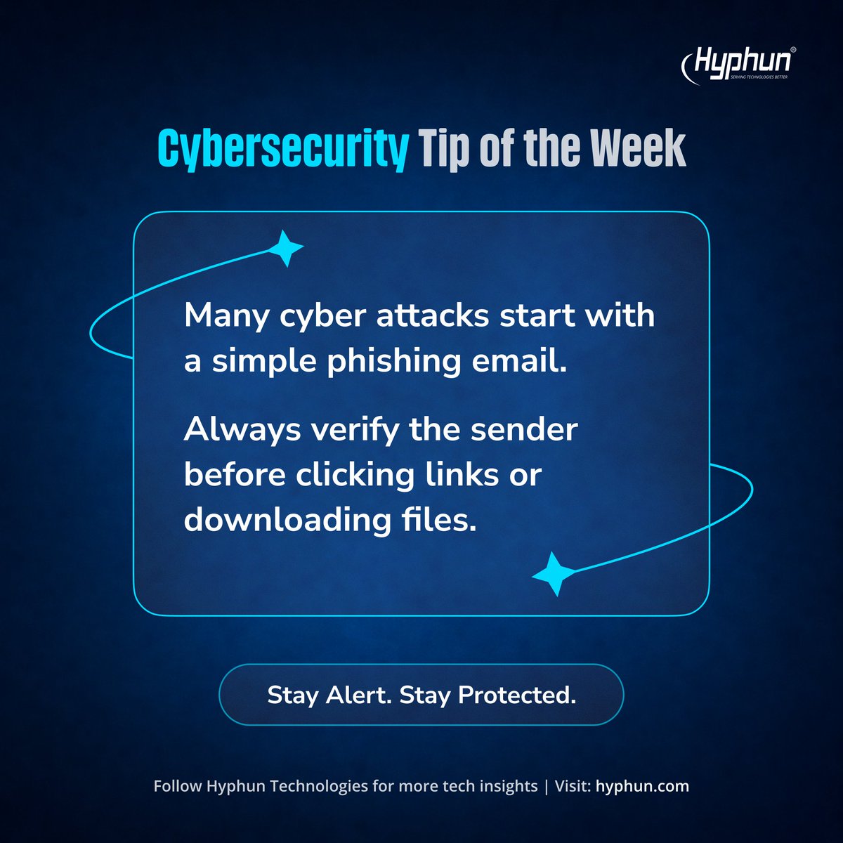 Hyphun_Tech's tweet photo. Cybersecurity Tip of the Week!

Many cyber attacks start with a simple phishing email

Always verify the sender before clicking links or downloading files.

Stay alert. Stay protected.

Follow @Hyphun_Tech  for more tech insights and visit: https://t.co/kCEvNSWCE0! https://t.co/Pqtew5oLRZ