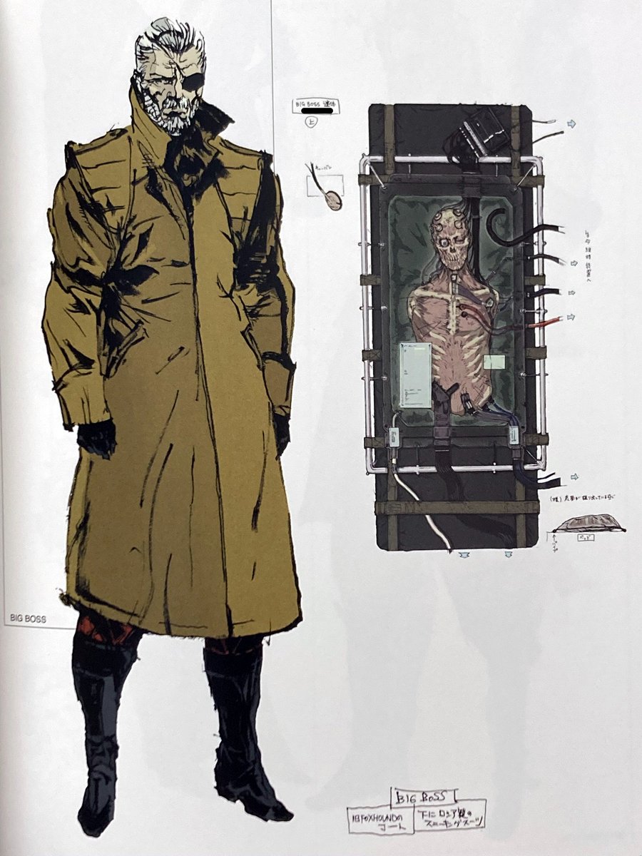 HEITAIs's tweet photo. MGS4は製品版だと親子和解のハッピーエンドですが、当初はビッグボスとスネークは戦う予定で、ビッグボスはFOXHOUND部隊のコート下にMGS3のソ連製スニーキングスーツを着ている設定画があったんですよね

小島監督は最後まで戦わせるか悩んで、最終的にストーリーの流れを重視して無くしたようですが https://t.co/wsTf0HkAhO