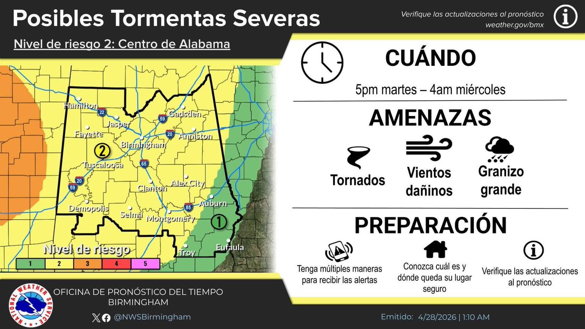 Calhoun County is under a Slight Risk (2/5) for severe weather this evening through early tomorrow, Wednesday 4/29. Threats include damaging winds, large hail, &amp; isolated brief tornadoes. 

Sign up for FREE alerts: text Join CalhounEMA to 31002 or visit calhounema.org/alerts.