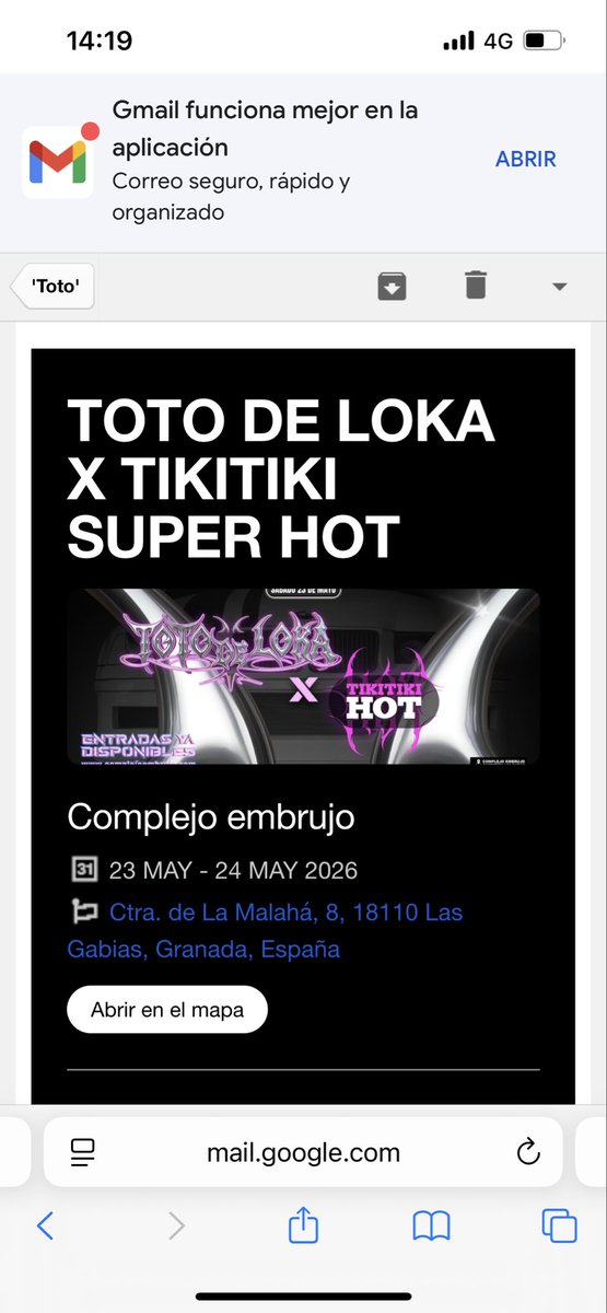 VENDO entrada Toto de loka x tikitiki super hot. Complejo Embrujo GRANADA
