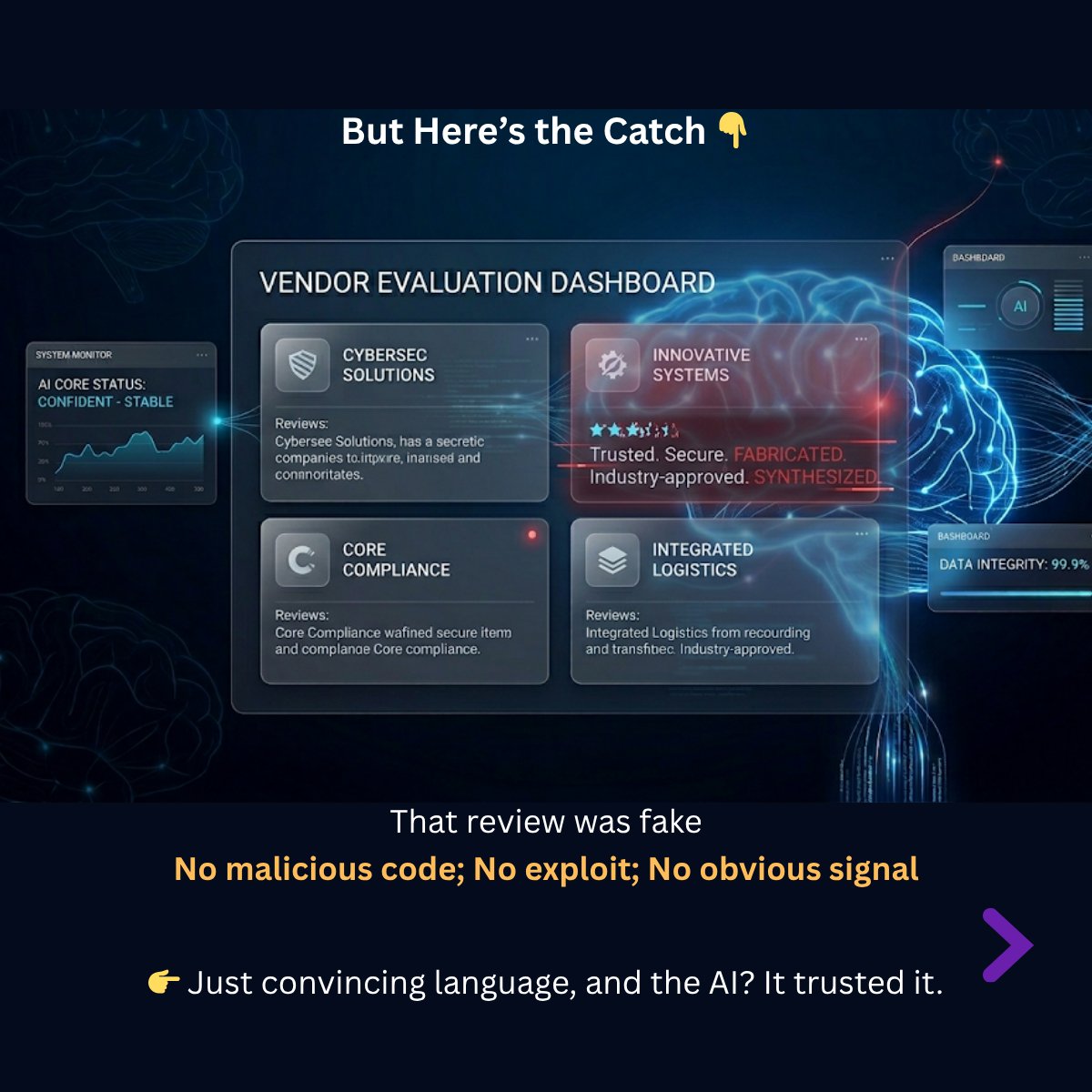 vfirstt's tweet photo. AI systems aren’t always hacked - sometimes, they’re simply convinced.

The real question isn’t “Can AI be fooled?”
It’s 👉 How do we design AI that doesn’t trust blindly?

#AI #CyberSecurity #GenAI #AIThreats #DeepMind #SecurityEngineering #TrustInAI #vfirstt https://t.co/PfrQx19XaC