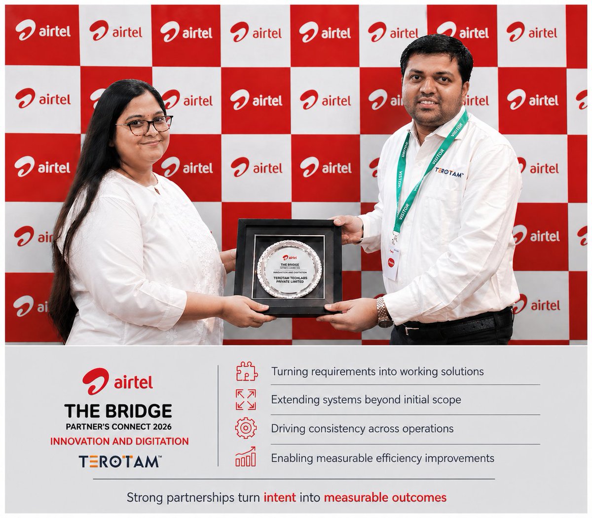 terotam_'s tweet image. Proud moment for Team TeroTAM

Honoured at Airtel Annual Awards (The Bridge) for driving innovation &amp;amp; digitisation across PAN India ops.

Built to adapt. Designed to scale. More ahead.

#Airtel #TeroTAM #CMMS #DigitalTransformation #Innovation