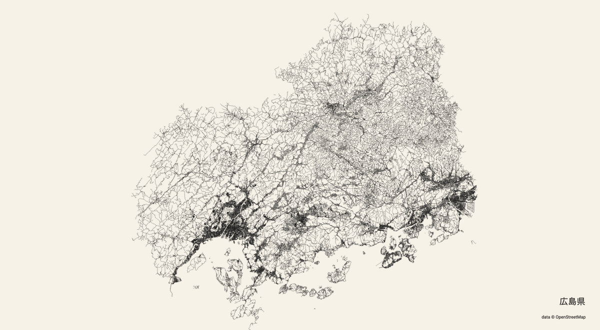 gnutar's tweet photo. 道路だけを描くWebアプリ。地図と変わらんやんと思うけど細い道路までくまなく描くと面白いんだね。city roadsだけど県単位で書くと面白かった。

https://t.co/lVoKZjxhRv https://t.co/sL9ITMxf5S