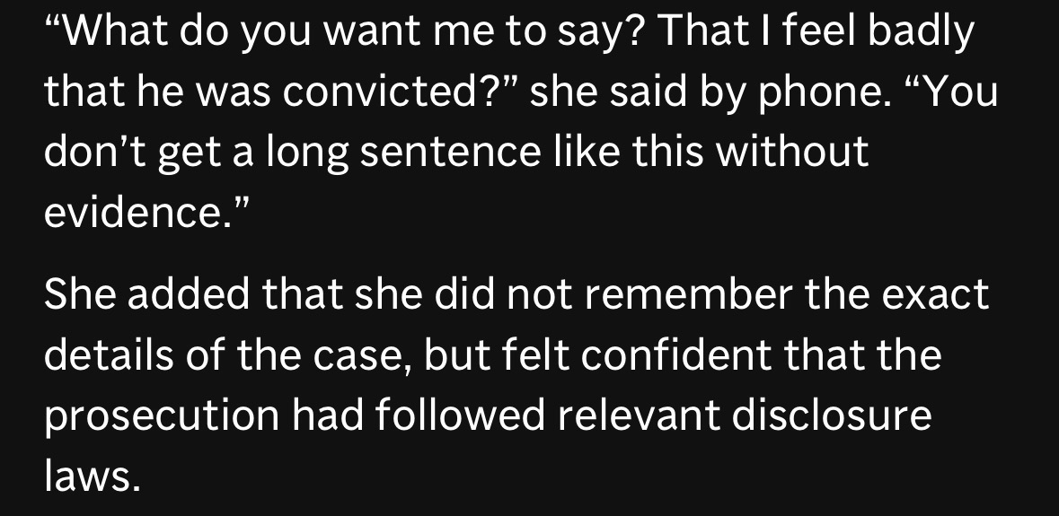 jangelooff's tweet photo. On Monday, a Manhattan judge vacated the murder conviction of a man who spent 25 years in prison – while  calling out the trial attorney for refusing to participate in the reinvestigation. 

Reached by phone, the ex-prosecutor, Helen Sturm, told the AP she didn't see the point. https://t.co/ajJ2gkvN3F