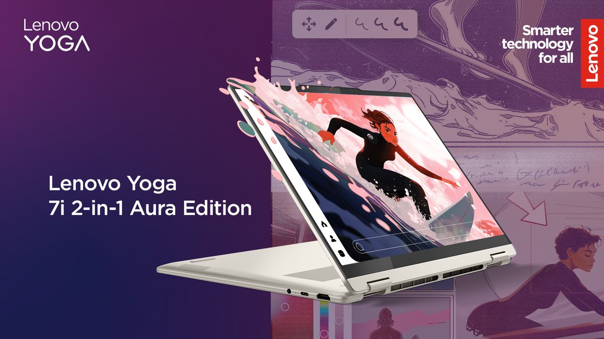 Lenovo_ID's tweet photo. akanya biar #LenovoYangAtur dengan Lenovo Yoga 7i 2-in-1 Aura Edition dengan Intel® Core™ Ultra 7 Processor. Performa lebih ngebut, multitasking lebih lancar dan kamu tetep stay in control. https://t.co/V9tGrcojfe