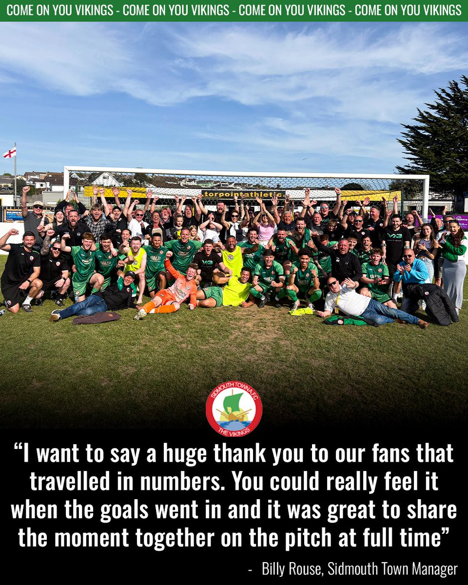SidmouthTownAFC's tweet image. 🗣️ “Thank you to our fans that travelled in numbers!”

1st Team manager Billy Rouse on our travelling support to Torpoint 💚

We need you again this Saturday! 

Book your place on the coach to Paulton at the bar! 🚌

#UTV💚 #Vikings