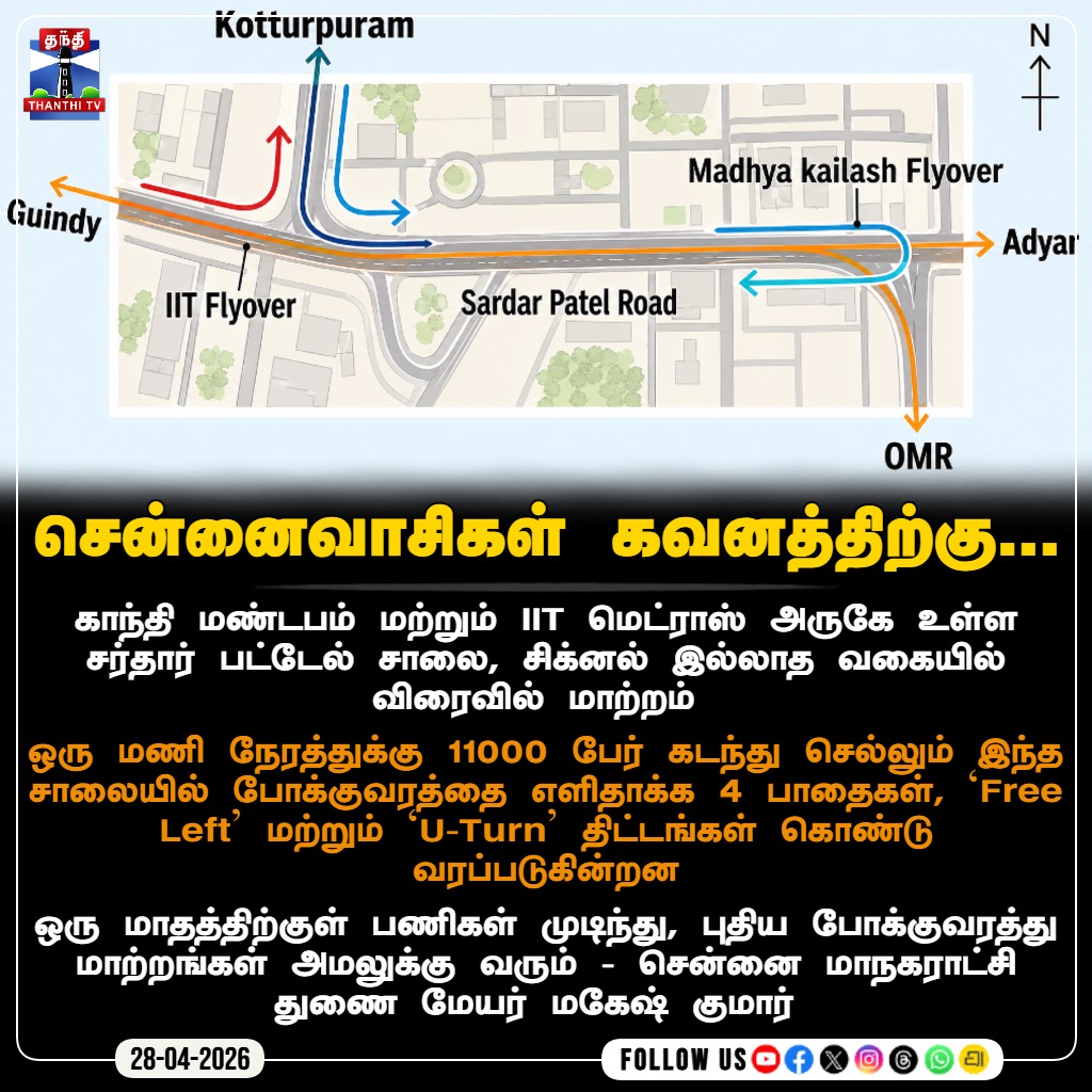 ThanthiTV's tweet image. சென்னைவாசிகள் கவனத்திற்கு...

#Chennai #ChennaiRoad #Upgrade #GandhiMandapam #SardarPatelRoad #Extension #thanthitv