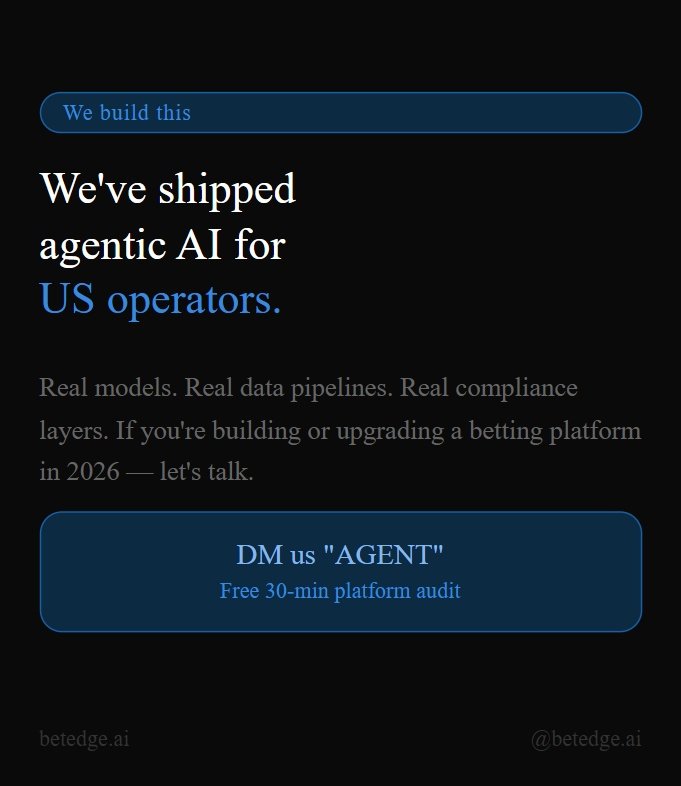 Betedge_Ai's tweet photo. Agentic AI is now running sportsbook. Are you?

Real Models. Real Data pipelines. Real Compliance layer.
If you're building or upgrading a betting platform in 2026 - Let's talk!

#sportsbetting #usasportsclub #bettingexpert #bettingtips #sportsplatform https://t.co/9Y02rnNgff