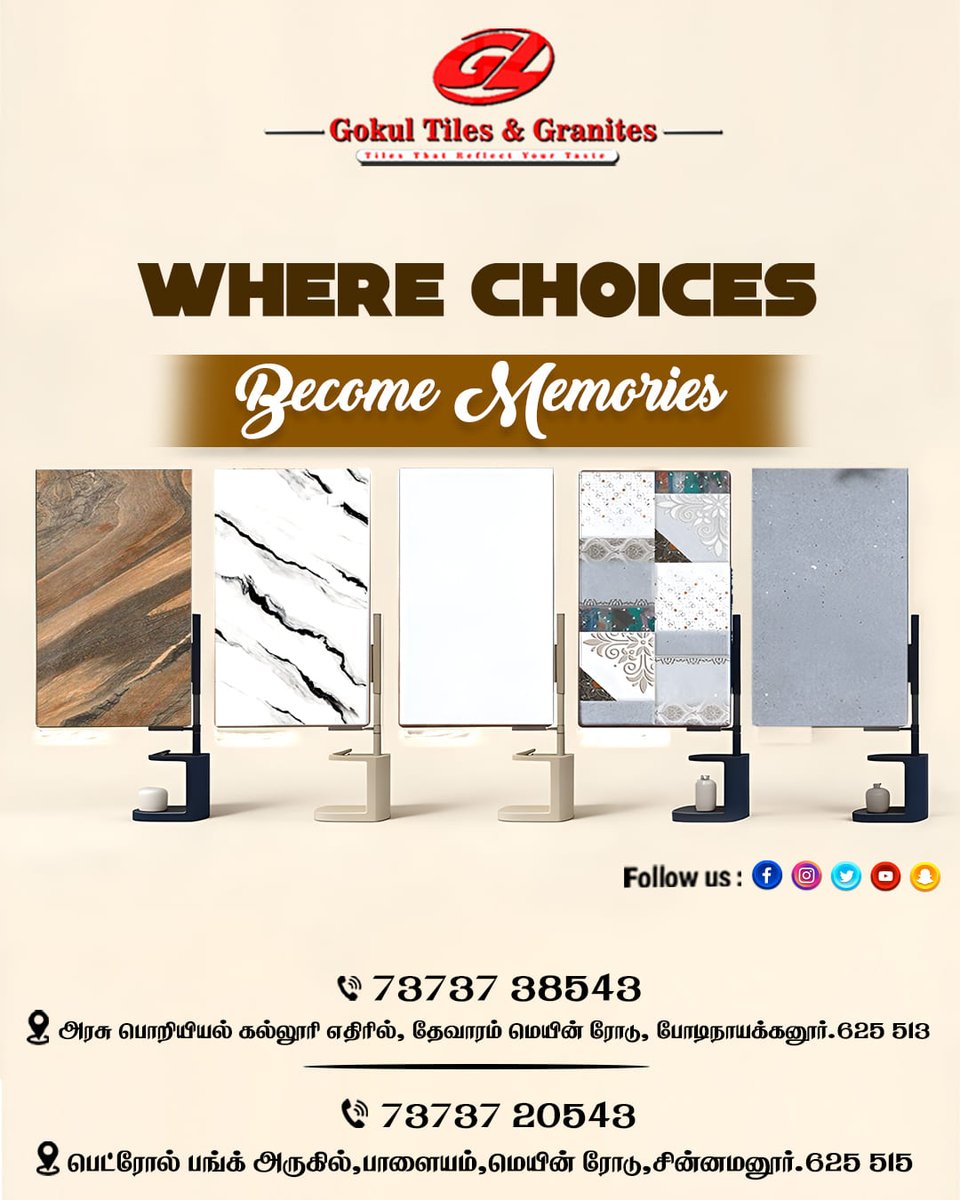 GokulK1635633's tweet image. Where choices become memories ✨
Find the perfect tiles &amp;amp; granites to match your dream space.
:
📍 Chinnamanur – Near HP Petrol Bunk
📞 73737 20543
📍 Bodinayakanur – Opp. Govt Engineering College
📞 73737 38543
:

#GokulTiles #TilesDesign #Granite #HomeDesign #InteriorStyle