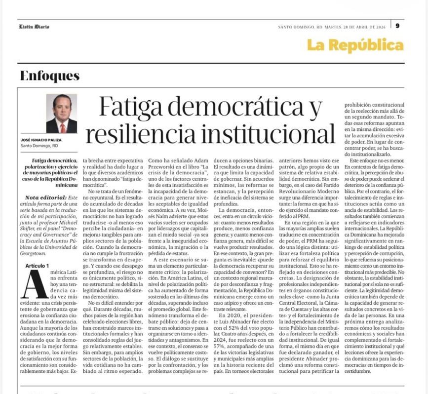 ¡Fatiga democrática y resiliencia institucional!

Cuando la confianza se erosiona, nuestras instituciones están llamadas a responder con más transparencia, más resultados y más cercanía.

En dos artículos les compartiré algunas reflexiones de nuestra comparencia en <a href="/Georgetown/">Georgetown University</a>.