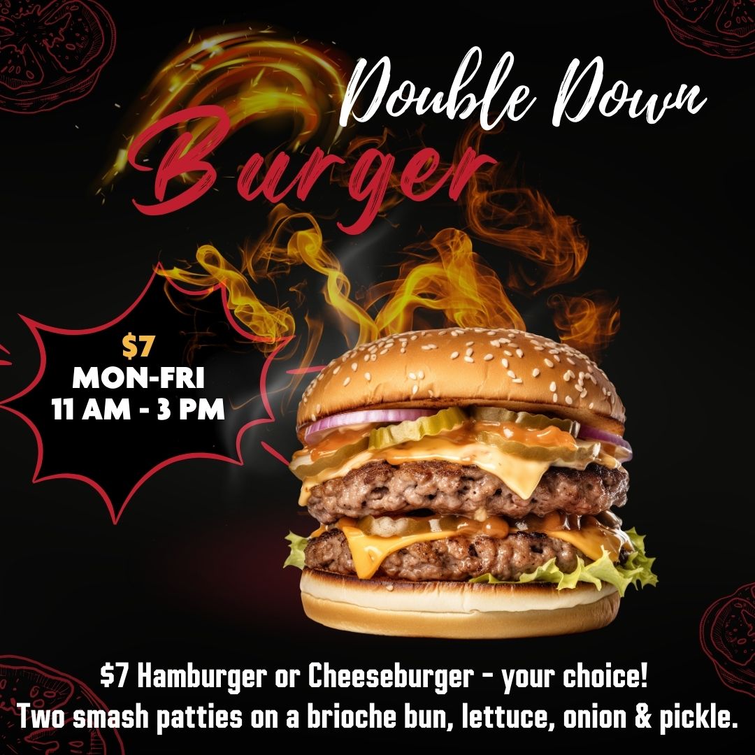 DOUBLE DOWN BURGER LUNCH SPECIAL – Only $7! 
Two smash patties, double the flavor, no extra cost! 
Choose a Hamburger or Cheeseburger on a brioche bun with lettuce, onion &amp; pickle on the side. 
Lunch never tasted so sweet! 
#TheKingdomBarAndGrille #LunchSpecial #BurgersRock