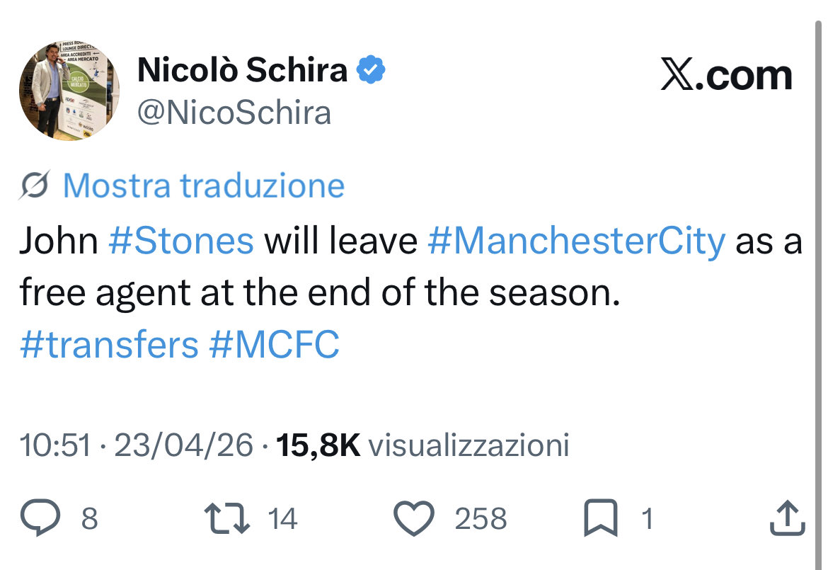 NicoSchira's tweet image. Now it’s official! John #Stones leaves #ManchesterCity. He will be available on the market as a free agent from June. No surprise here and confirmed since the last April 23! #transfers #MCFC