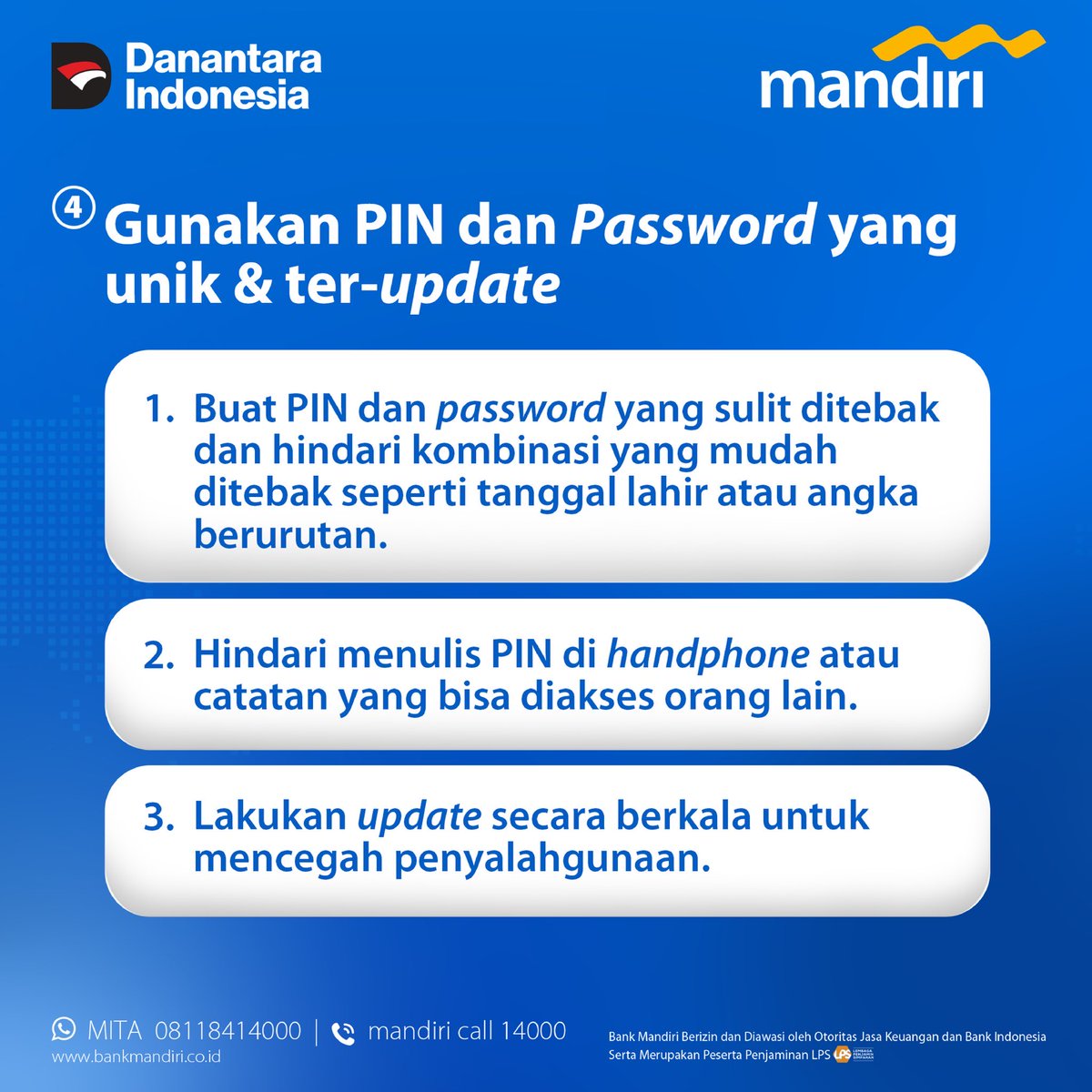 bankmandiri's tweet photo. Nah, supaya Sahabat tetap aman dan nyaman dalam bertransaksi, langsung aja swipe postingan ini ya..👌🏼✨
#KelasMandiri #GeberPK #KonsumenCerdasPeKABertransaksi #GENCARKAN2025 #LiterasiKeuanganMasifMerata https://t.co/8viSbM7rrd
