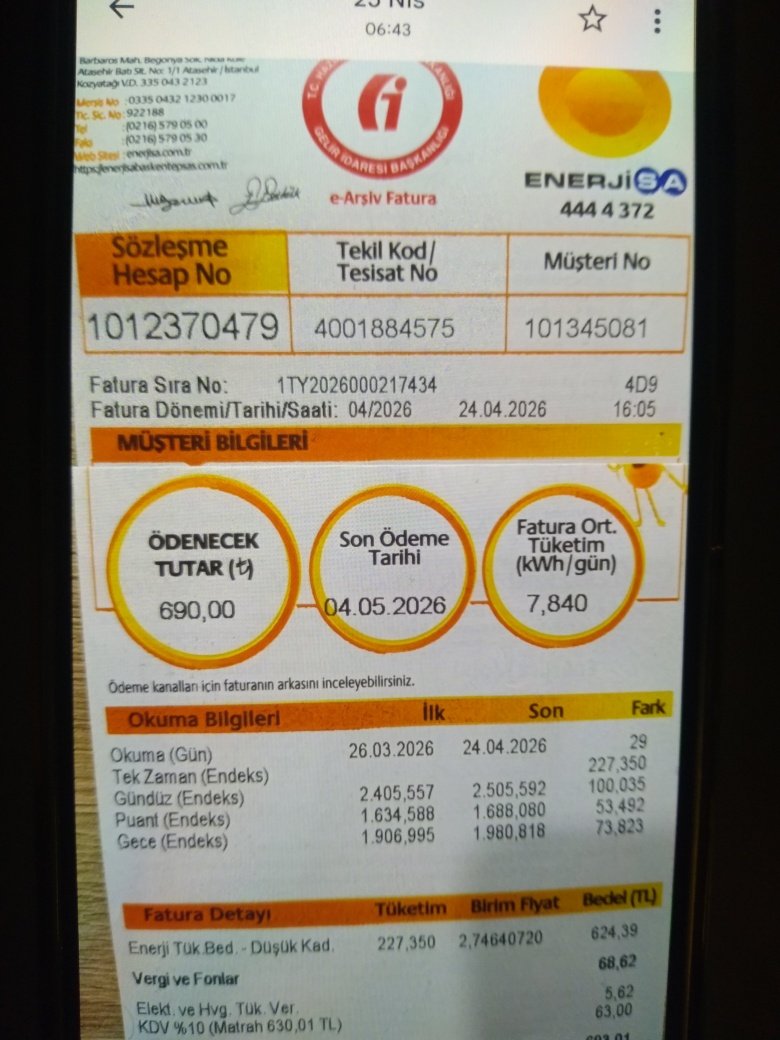 ANKARA
690 LİRALIK ELEKTRIK FATURASI VAR
ÖDEYECEK DURUMU YOK BU BABANİN
Merhaba İlhami Abi 
Maddi olarak zor durumdayım.Ev kira, 3 küçük çocuğum var , Eşim ev hanımı ,mutfak giderlerimi karşılamakta zorluk çekiyorum.zahmet olmasa bu faturamıda paylaşırsan çok sevinirim.