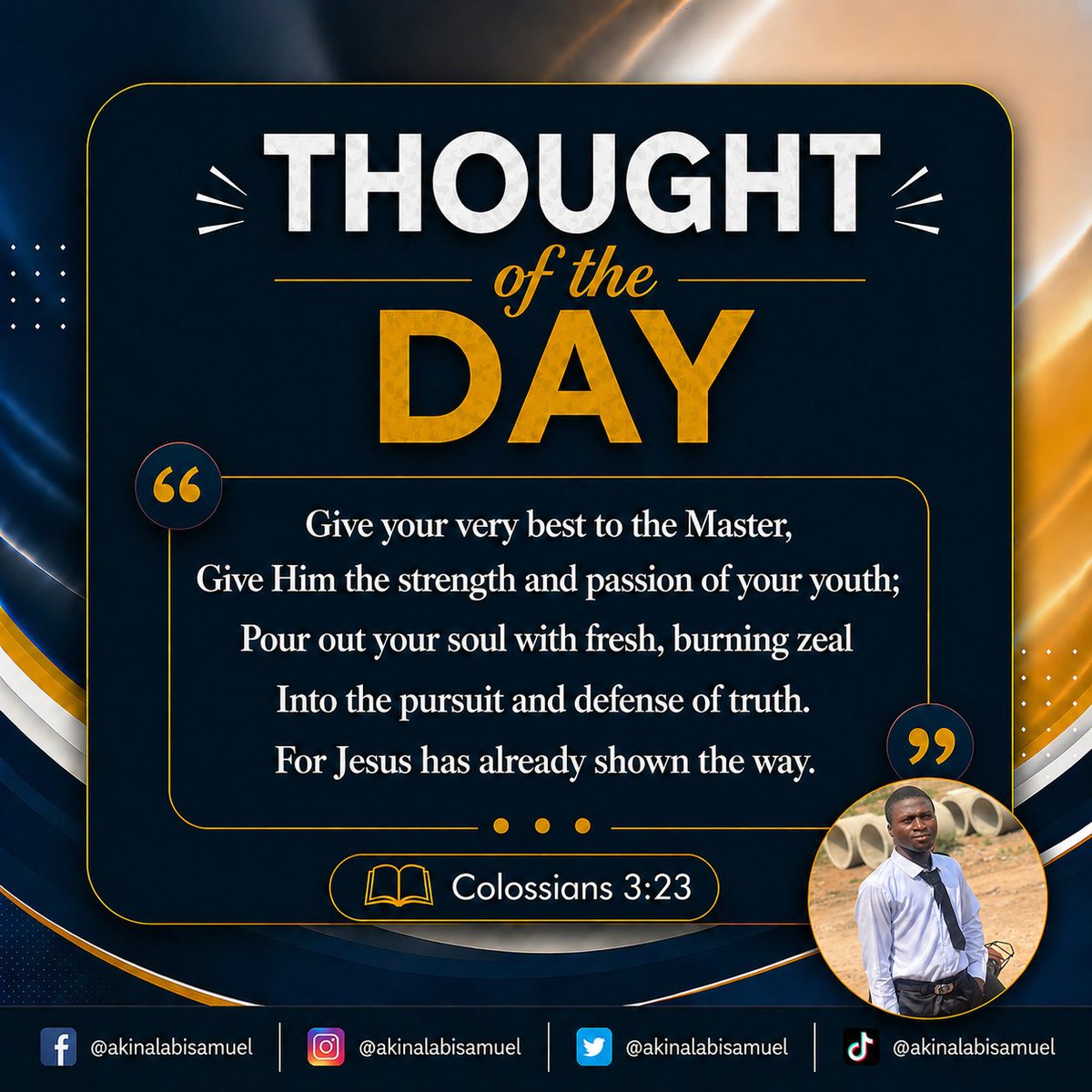 akinalabisamuel's tweet image. Give your very best to God, not what is left over, but what truly costs you something.
Serve Him with strength, passion, and a heart that is fully surrendered.
Let your life speak, let your zeal be real, and let your pursuit of truth be unwavering.
#akinalabisamuel #viral #space
