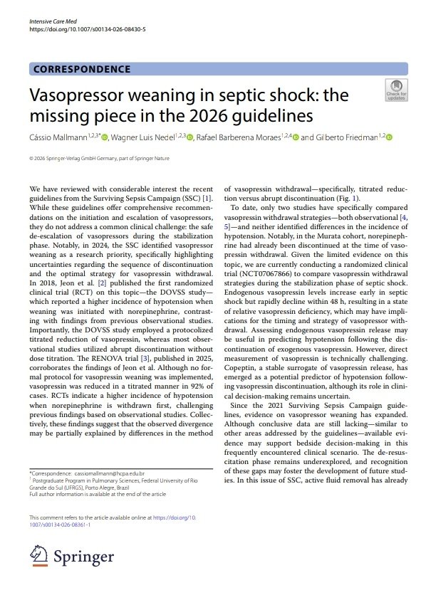 SOMELaguna's tweet photo. Weaning de los Vasopresores en Shock Séptico 💉🦠

🔰📚Intensive Care Med 2026

https://t.co/zlwlBwjZmD

Enlace a Artículo Completo👇🏻🆓✅
https://t.co/lshqcxQ6xj https://t.co/9KtrkTSjNs
