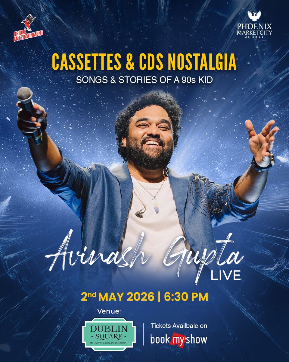 MarketcityKurla's tweet image. Take a trip back to the golden 90s 🎶Relive timeless classics with Avinash Gupta an evening of music, stories &amp;amp; pure nostalgia.

 2nd May 2026 | 6:30 PM
 Dublin Square, Phoenix Marketcity Mumbai
 Book now on BookMyShow#90sNostalgia

#MumbaiEvents #PhoenixMarketcity #WeekendVibes