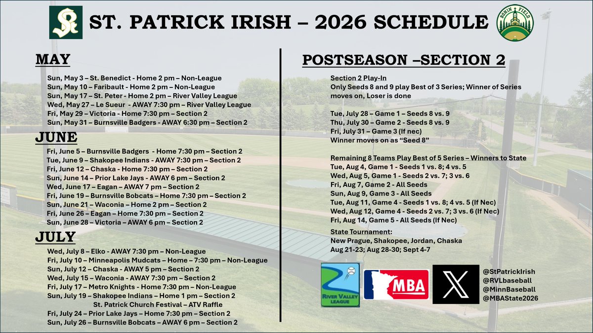 StPatrickIrish's tweet photo. *Updated Season Schedule*

Changes:
-May 31 game time updated
-No game Sunday, June 7
-Game added Friday, July 10 vs. Mpls Mudcats
-New opponent Friday, July 17, now vs. Metro Knights
-Postseason details updated https://t.co/o7xebtxhxl