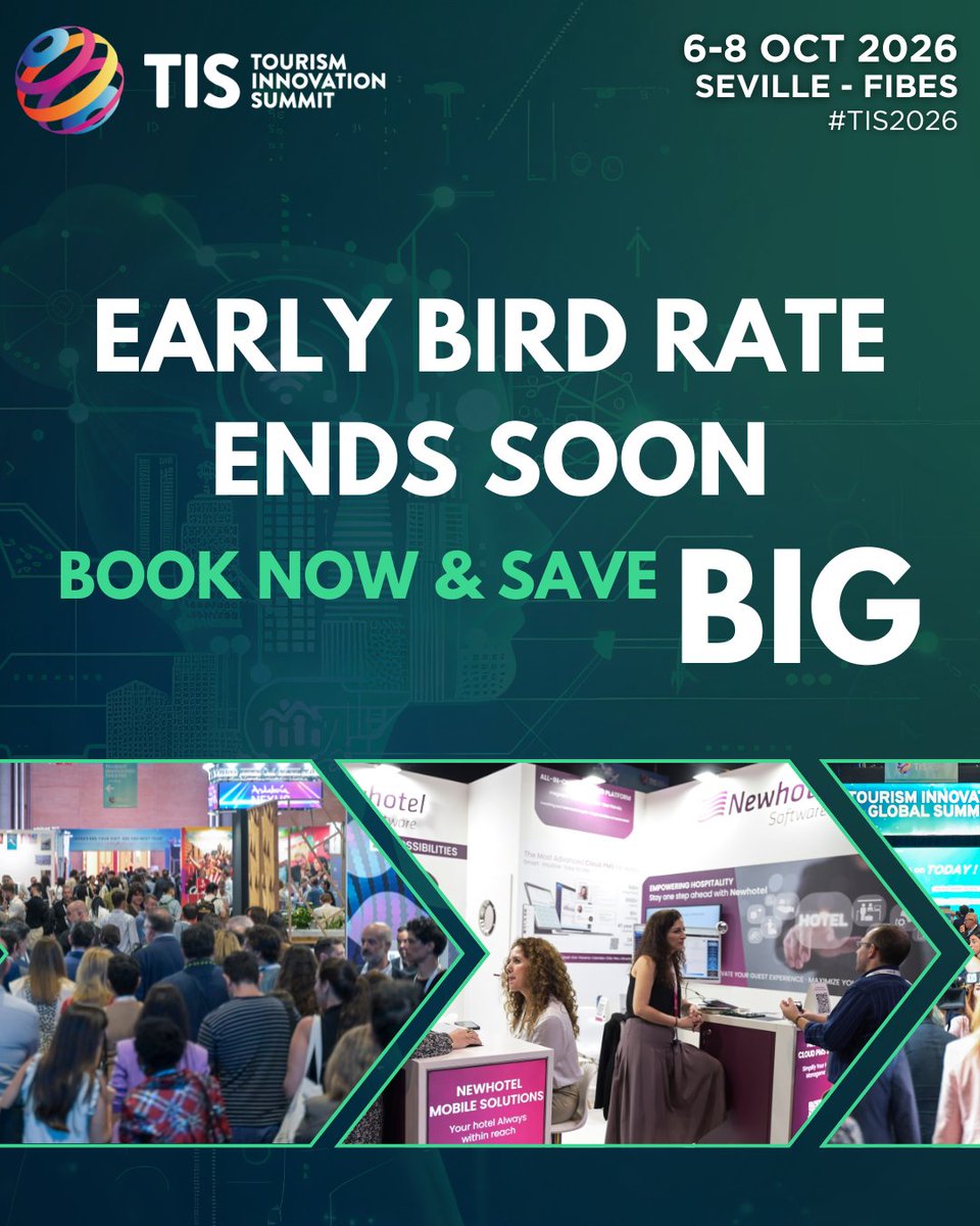 tissevilla's tweet photo. ⏳ Still time to benefit from Early Bird rates for #TIS2026 

The next generation of travel &amp; hotel tech is landing in Seville, and you can be part of it. 
 
👉Book your space: https://t.co/lOTks9XW5k 

📅6 - 8 October 2026 📍Seville - FIBES https://t.co/ilCWaXOuD4