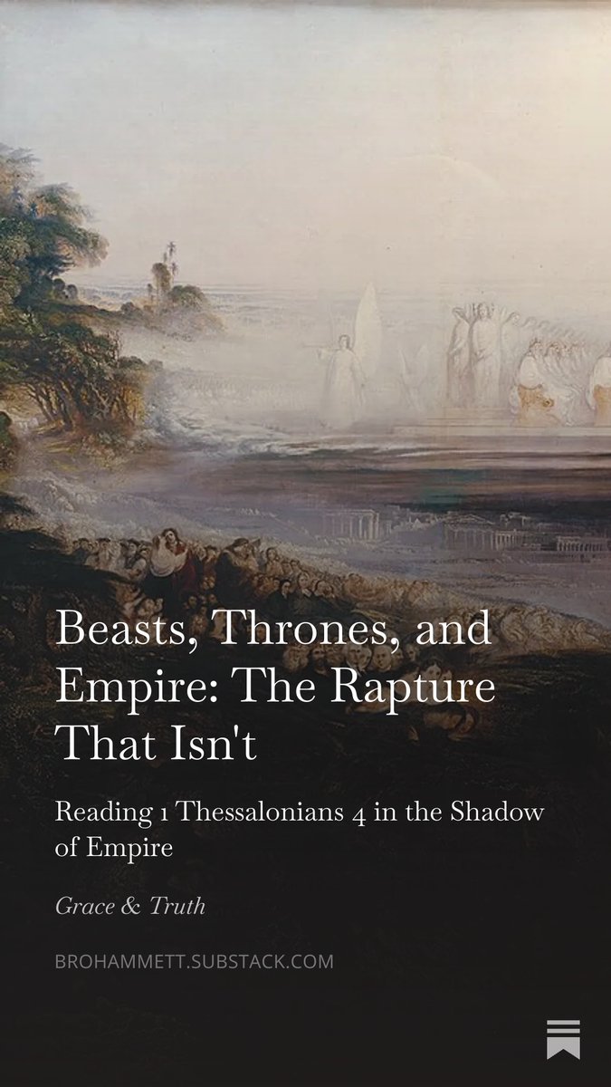 drhammettnevans's tweet image. Mid-flap at a youth assembly, singing "I'll Fly Away," I thought: wait, isn't this about the #Rapture?
It isn't. Neither is 1 Thessalonians 4. The doctrine is only 200 years old — and now has its hand on the #Pentagon.
New essay this morning. brohammett.substack.com/p/beasts-thron…