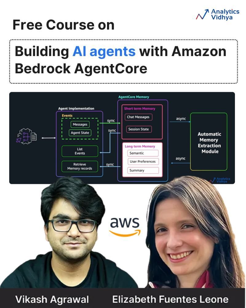 AnalyticsVidhya's tweet image. Want to deploy production AI agents in minutes? ⏱️

Check out this new course on Amazon Bedrock AgentCore. Learn memory, monitoring, and runtime deployment from the pros.

Free enrollment: 🔗 analyticsvidhya.com/courses/buildi…

#GenerativeAI #AIAgents #AWS #Programming