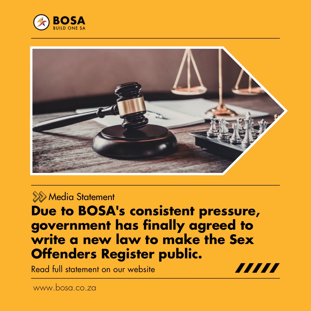 BuildOneSA's tweet photo. ‼️[Media Statement]‼️ Due to BOSA's consistent pressure, government has finally agreed to write a new law to make the Sex Offenders Register public.

Read full statement: 
https://t.co/1FKmFnmlQE

#BuildOneSA https://t.co/z5BdH1g4fa