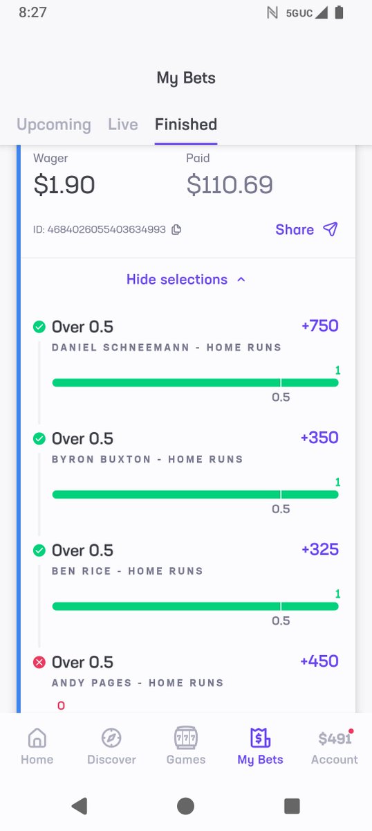Lesterr420's tweet photo. @Bookie___Bandit My HR lotto yesterday. Gave PAHAYS two tries. 🤑🤑 https://t.co/PcmGLzqUEl