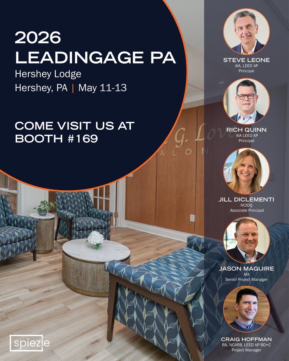 SpiezleArch's tweet photo. We’re only a few weeks out from the @LeadingAgePA Annual Meeting + Expo in Hershey, PA! Be sure to stop by Booth 169 to connect with our team and talk about all things senior living design! We look forward to seeing you there! #leadingage #seniorliving #designforaging https://t.co/P4LWJpmiw7