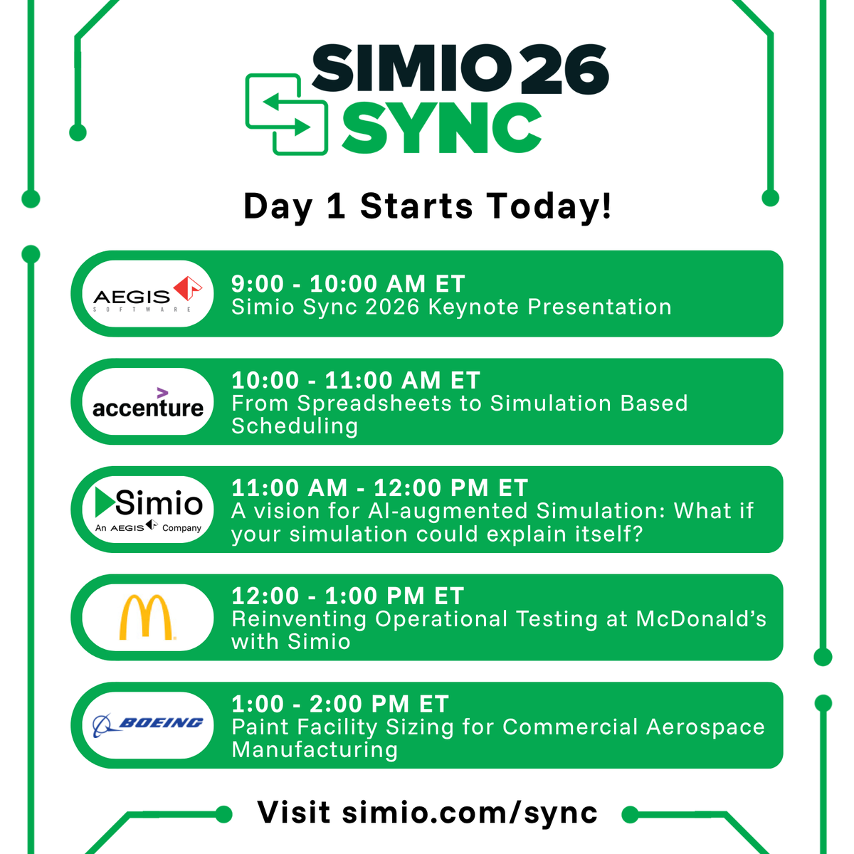 simio's tweet image. 🚀 Day 1 of #SimioSync2026 is here!
We’re kicking things off with real‑world insight from leaders across manufacturing, CPG, and simulation—focused on practical applications, thought leadership, and getting in sync.
Register now: hubs.la/Q04dFjMQ0

#Simulation #Conference