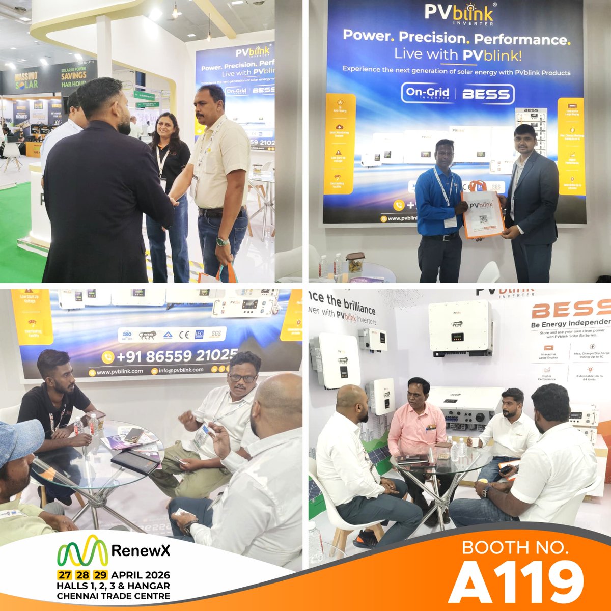 PVblinkInverter's tweet image. Highlights from #Day2 at #RenewX2026⚡

#PVblink experienced continued engagement with strong interest in our advanced #solarinverter and #energystoragesolutions.

📅27–29 April
📍Hall 1 | Booth A119-Chennai Trade Centre

#chennai #solarenergy #BESS #solarsolutions #EventUpdate