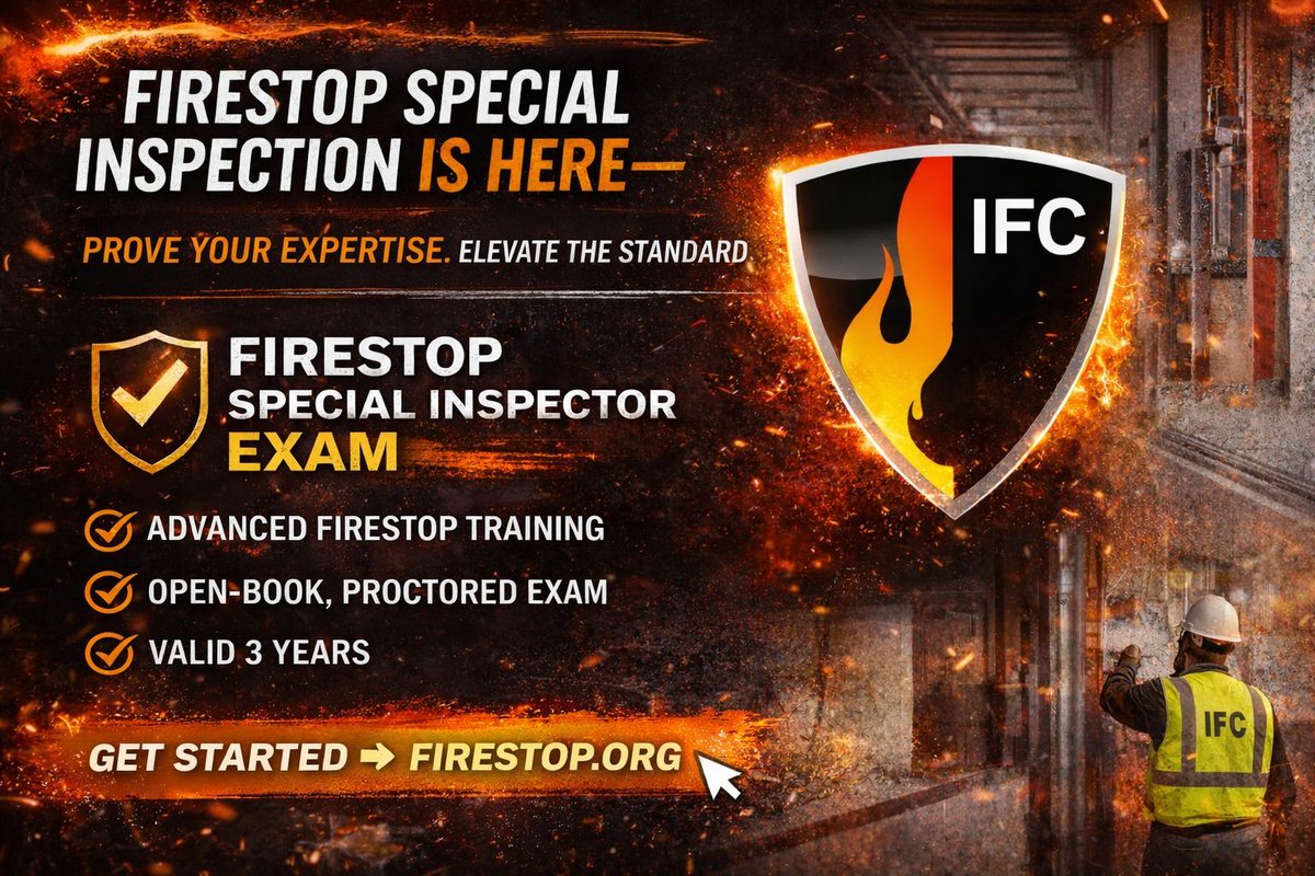 Firestop_Org's tweet photo. Firestop Special Inspection is here.

Elevate your expertise + strengthen inspections with IFC’s program:

 Advanced firestop training | Open-book, proctored exam | Valid 3 years

Get started: https://t.co/C7ylFswdiA 

#Firestop #SpecialInspection #SI #LifeSafety https://t.co/7Gz46eaT59