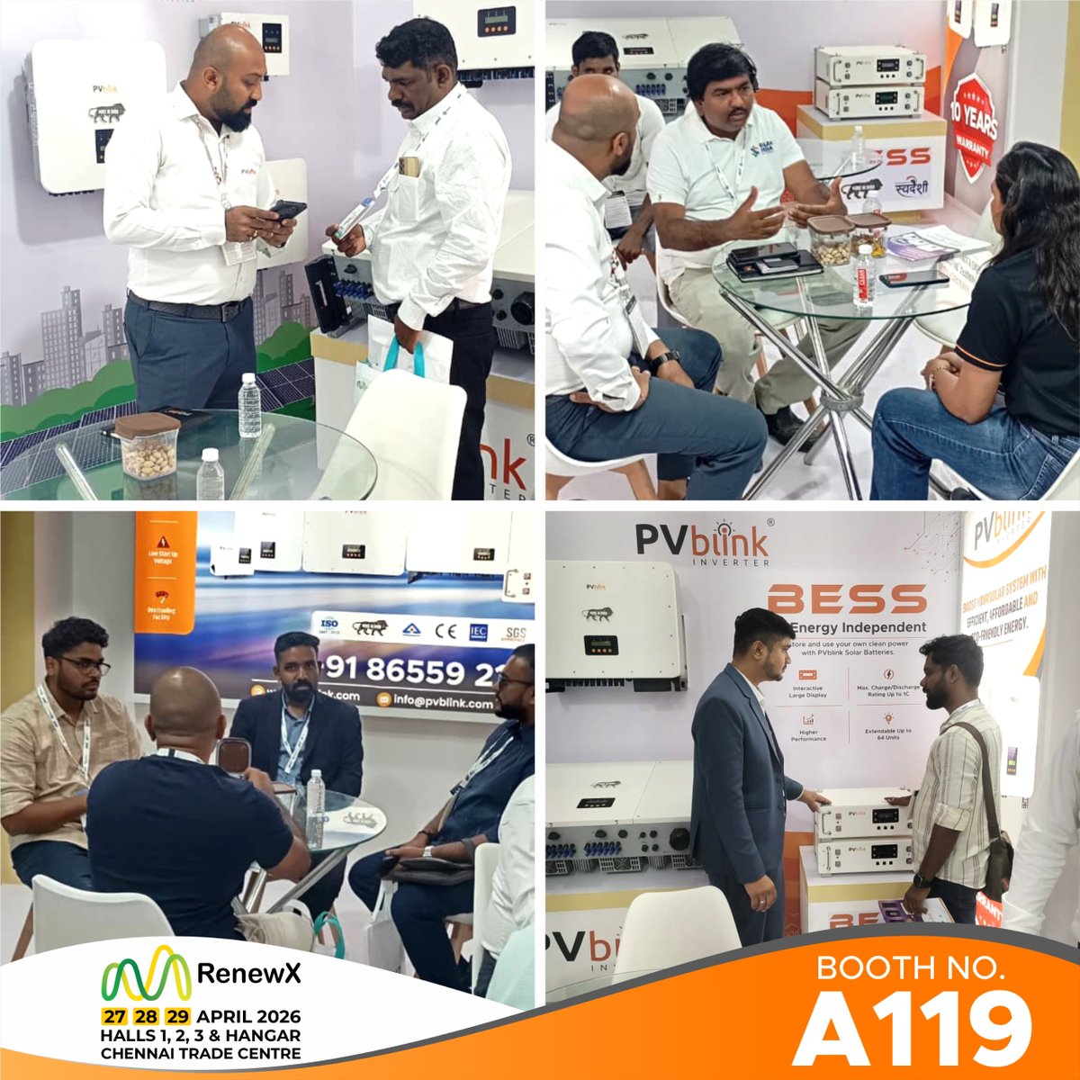 PVblinkInverter's tweet image. Highlights from #Day2 at #RenewX2026⚡

#PVblink experienced continued engagement with strong interest in our advanced #solarinverter and #energystoragesolutions.

📅27–29 April
📍Hall 1 | Booth A119-Chennai Trade Centre

#chennai #solarenergy #BESS #solarsolutions #EventUpdate