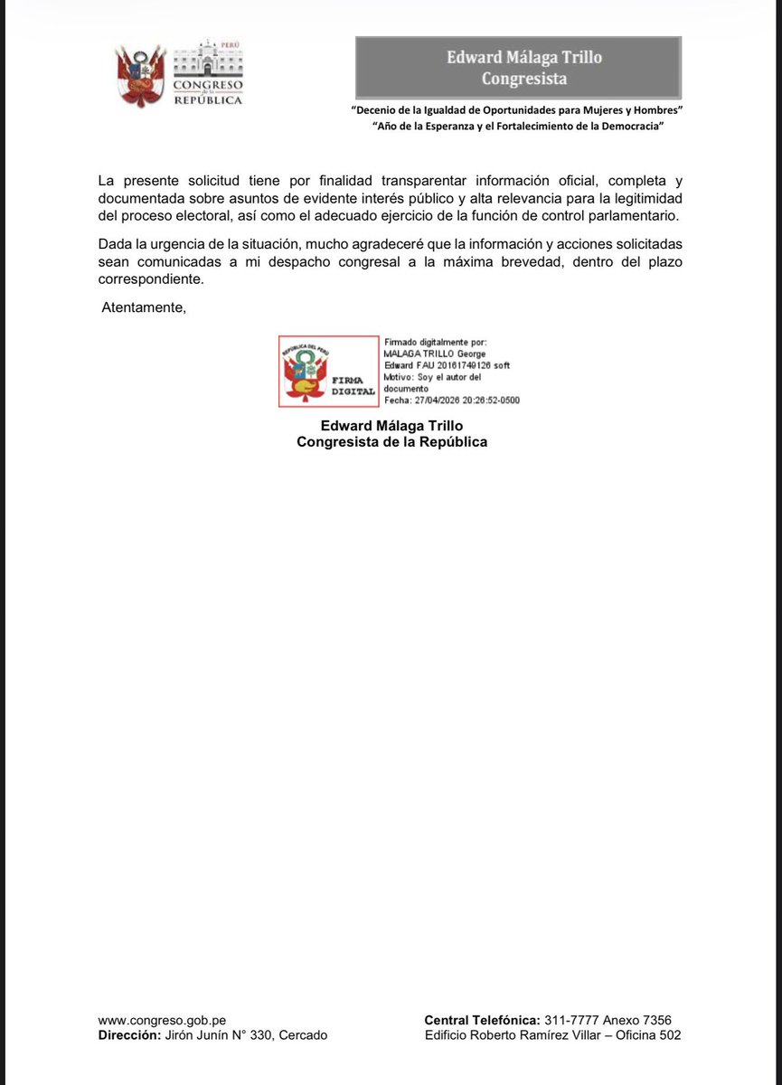 El congresista Edward Málaga solicita al presidente del JNE, Roberto Bueno, que expliquen mediante conferencia de prensa, los motivos por los que se decidió no realizar elecciones complementarias.