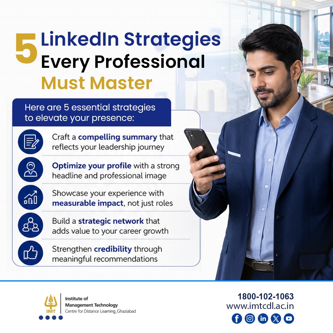 IMTCDL's tweet image. Still treating #LinkedIn like just another profile?
It’s actually your biggest career growth tool, if you use it right.

These 5 simple #strategies can help you get noticed, build connections, and move ahead faster.
Upgrade your career journey with #IMTCDL
imtcdl.ac.in