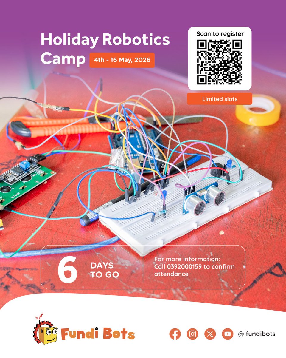 FundiBots's tweet photo. The excitement is building up🥳🥳

 We are just 6️⃣ days away from kicking off our Holiday Robotics Camp! 🥁 
 🗓 4th - 16th May
📍 Komamboga- Kampala, Gulu, Mbale, Mbarara

🌟 Registration still open: https://t.co/R5vlFhMH1K

📣 Book your slots today!
#WeareFundi https://t.co/wAGJLsnCcM